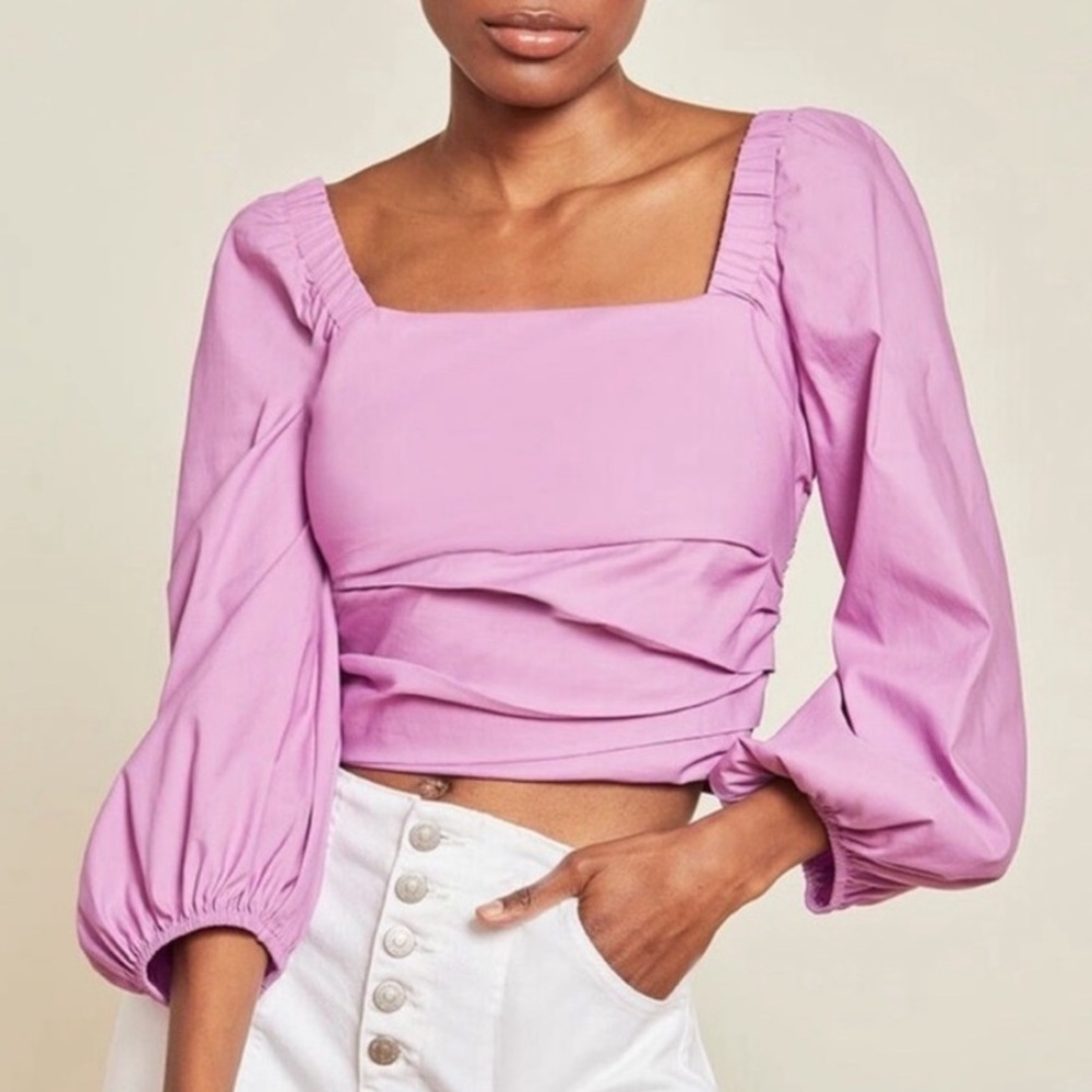 Veronica Beard Kayla Puff‑Sleeve Crop Top – Orchid, Size 12 NWT Square Neck